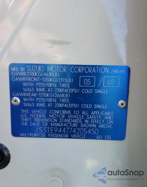 2007 Suzuki Grand Vitara Xsport z USA, uszkodzony, nr VIN JS3TE944774205450